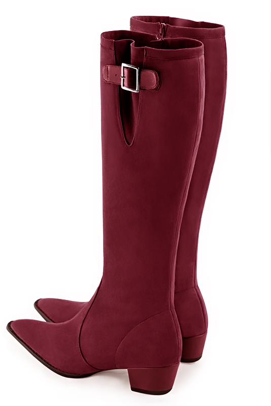 Burgundy red women's knee-high boots with buckles. Tapered toe. Low cone heels. Made to measure. Rear view - Florence KOOIJMAN